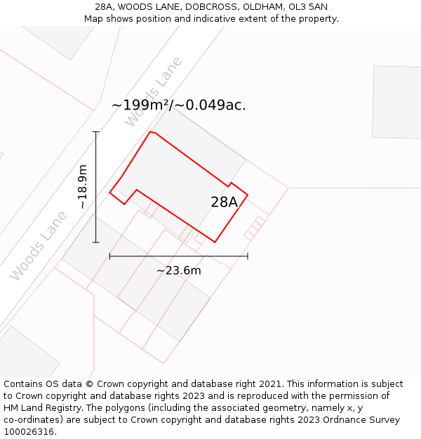 28A, WOODS LANE, DOBCROSS, OLDHAM, OL3 5AN: Plot and title map