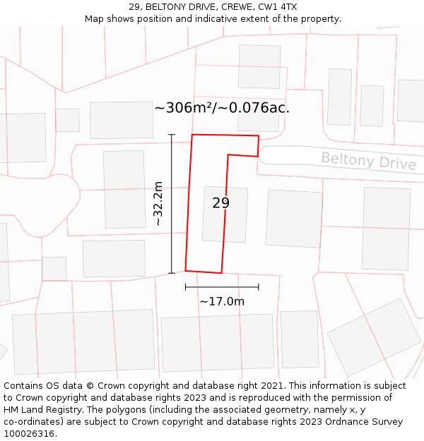 29, BELTONY DRIVE, CREWE, CW1 4TX: Plot and title map