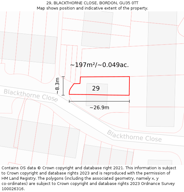 29, BLACKTHORNE CLOSE, BORDON, GU35 0TT: Plot and title map