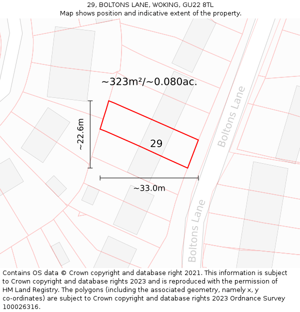 29, BOLTONS LANE, WOKING, GU22 8TL: Plot and title map