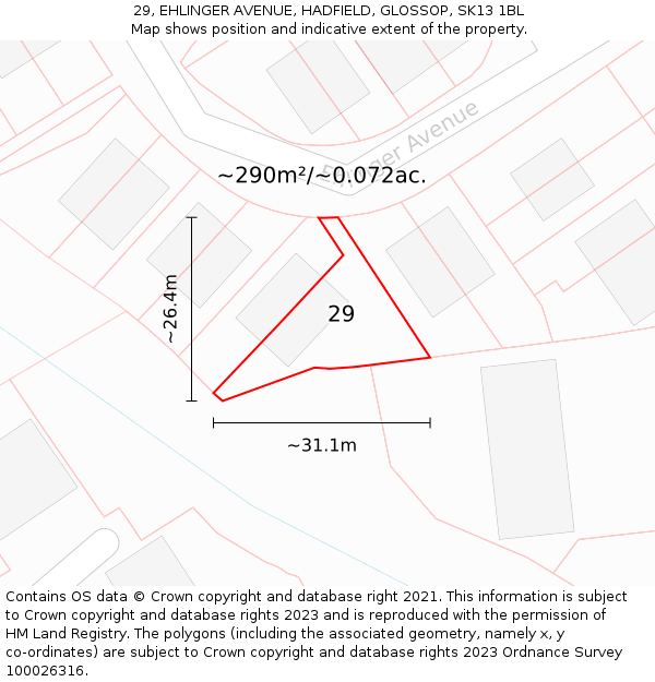 29, EHLINGER AVENUE, HADFIELD, GLOSSOP, SK13 1BL: Plot and title map