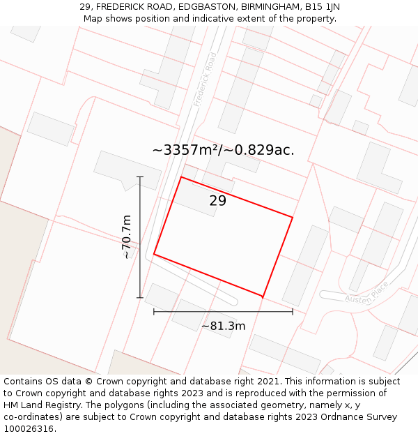 29, FREDERICK ROAD, EDGBASTON, BIRMINGHAM, B15 1JN: Plot and title map