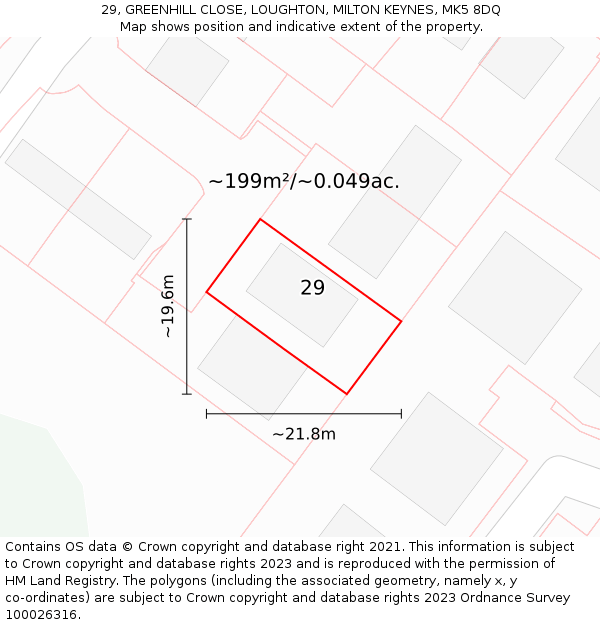 29, GREENHILL CLOSE, LOUGHTON, MILTON KEYNES, MK5 8DQ: Plot and title map