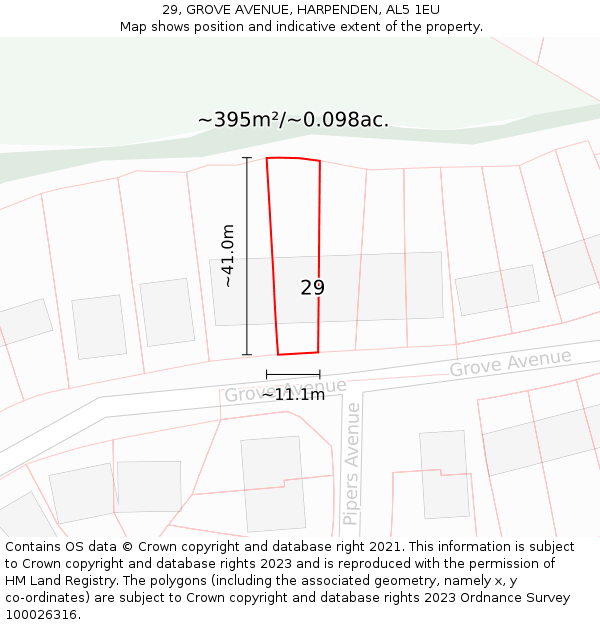 29, GROVE AVENUE, HARPENDEN, AL5 1EU: Plot and title map