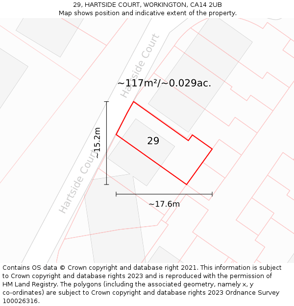 29, HARTSIDE COURT, WORKINGTON, CA14 2UB: Plot and title map