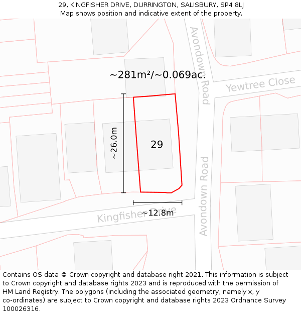 29, KINGFISHER DRIVE, DURRINGTON, SALISBURY, SP4 8LJ: Plot and title map