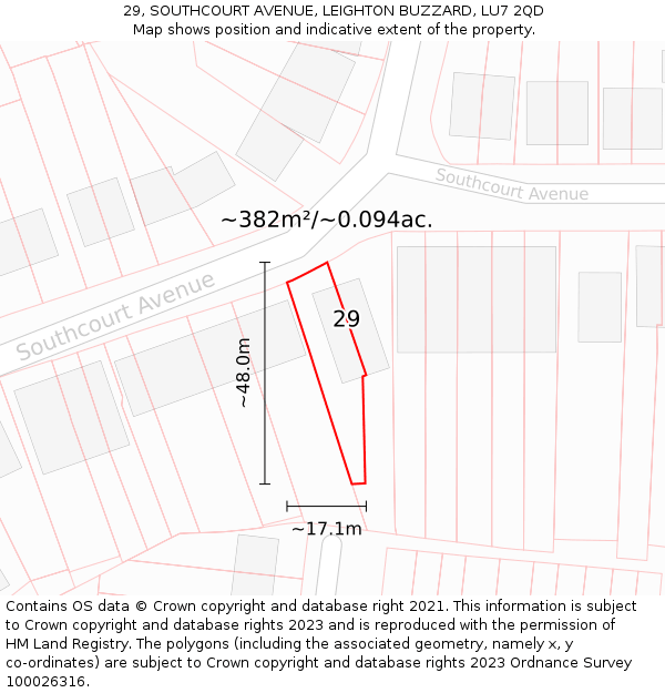 29, SOUTHCOURT AVENUE, LEIGHTON BUZZARD, LU7 2QD: Plot and title map