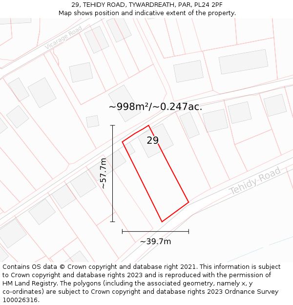 29, TEHIDY ROAD, TYWARDREATH, PAR, PL24 2PF: Plot and title map