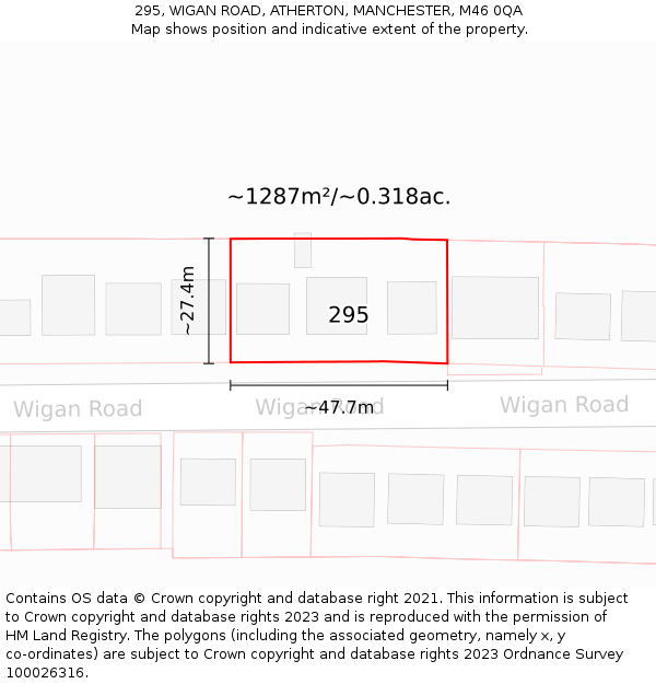 295, WIGAN ROAD, ATHERTON, MANCHESTER, M46 0QA: Plot and title map