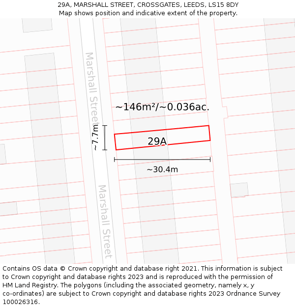 29A, MARSHALL STREET, CROSSGATES, LEEDS, LS15 8DY: Plot and title map