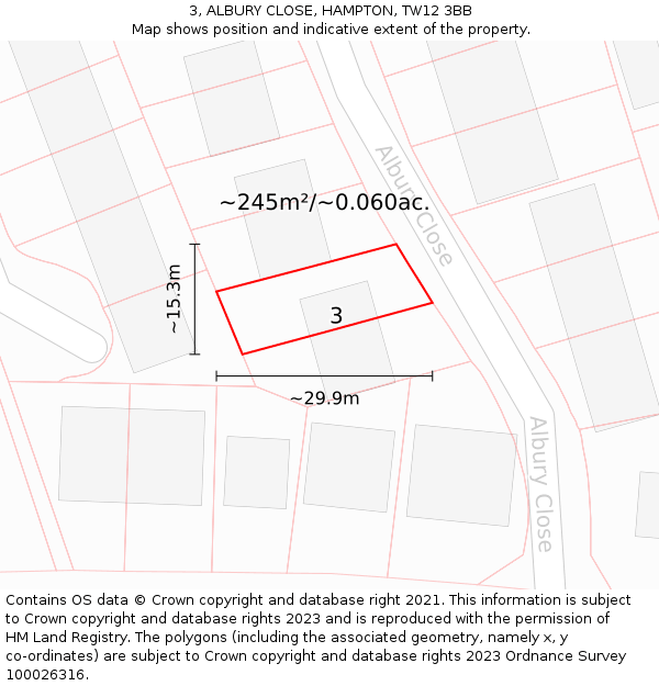 3, ALBURY CLOSE, HAMPTON, TW12 3BB: Plot and title map