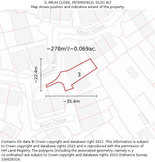 3, ARUN CLOSE, PETERSFIELD, GU31 4LT: Plot and title map