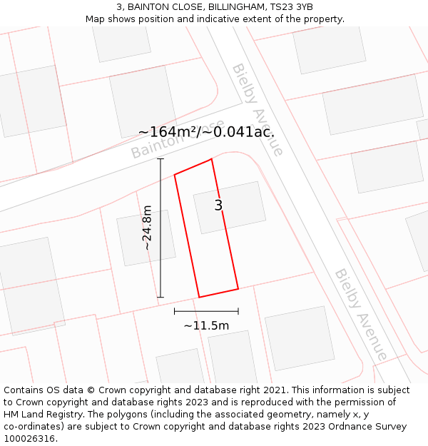 3, BAINTON CLOSE, BILLINGHAM, TS23 3YB: Plot and title map