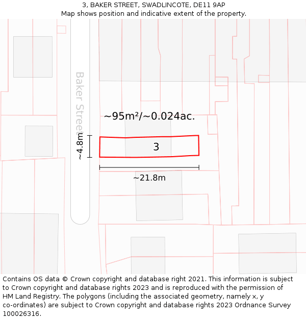 3, BAKER STREET, SWADLINCOTE, DE11 9AP: Plot and title map