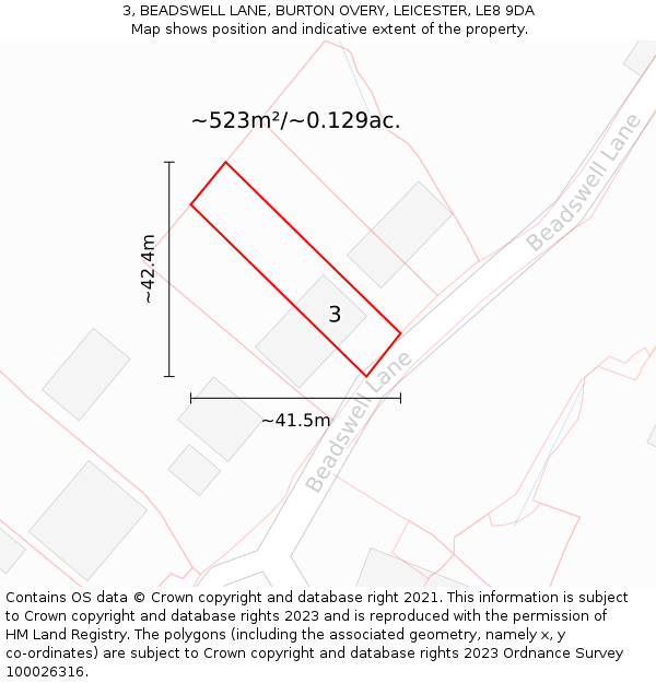 3, BEADSWELL LANE, BURTON OVERY, LEICESTER, LE8 9DA: Plot and title map