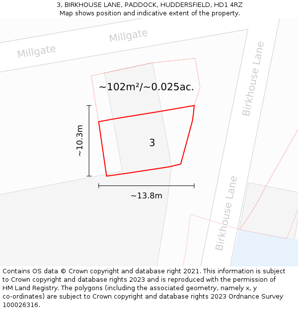 3, BIRKHOUSE LANE, PADDOCK, HUDDERSFIELD, HD1 4RZ: Plot and title map