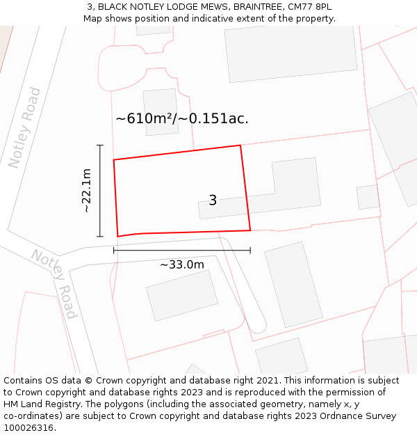 3, BLACK NOTLEY LODGE MEWS, BRAINTREE, CM77 8PL: Plot and title map