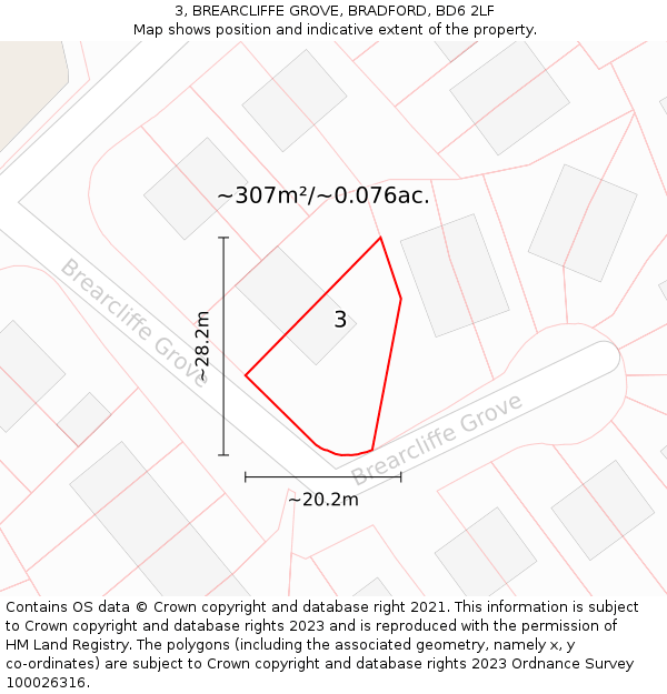 3, BREARCLIFFE GROVE, BRADFORD, BD6 2LF: Plot and title map