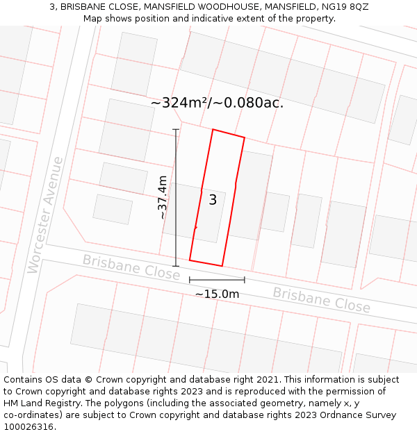 3, BRISBANE CLOSE, MANSFIELD WOODHOUSE, MANSFIELD, NG19 8QZ: Plot and title map