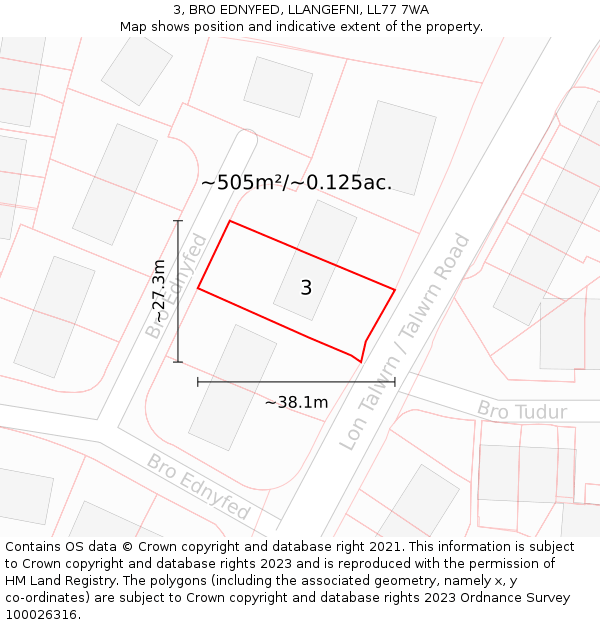 3, BRO EDNYFED, LLANGEFNI, LL77 7WA: Plot and title map