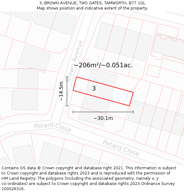 3, BROWN AVENUE, TWO GATES, TAMWORTH, B77 1GL: Plot and title map