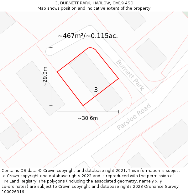 3, BURNETT PARK, HARLOW, CM19 4SD: Plot and title map