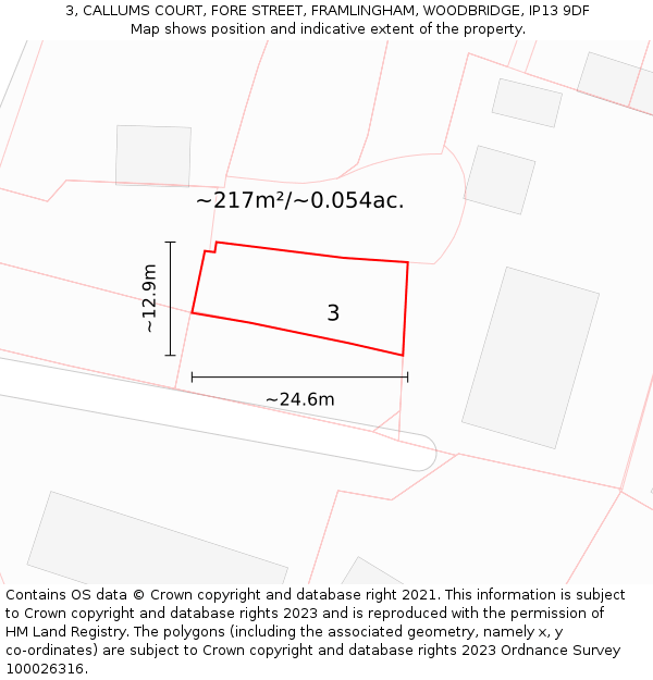 3, CALLUMS COURT, FORE STREET, FRAMLINGHAM, WOODBRIDGE, IP13 9DF: Plot and title map