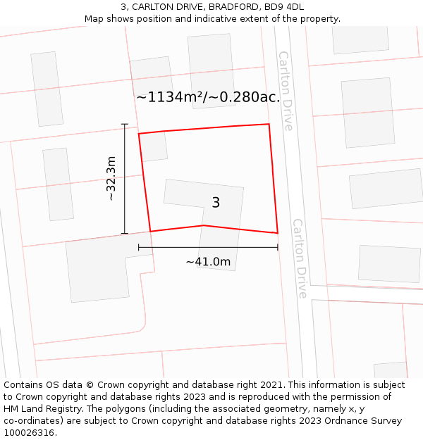 3, CARLTON DRIVE, BRADFORD, BD9 4DL: Plot and title map