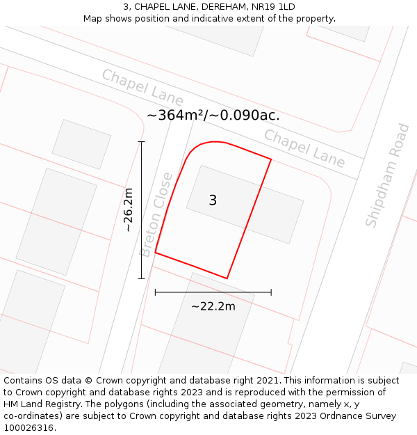 3, CHAPEL LANE, DEREHAM, NR19 1LD: Plot and title map