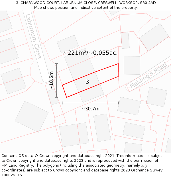 3, CHARNWOOD COURT, LABURNUM CLOSE, CRESWELL, WORKSOP, S80 4AD: Plot and title map