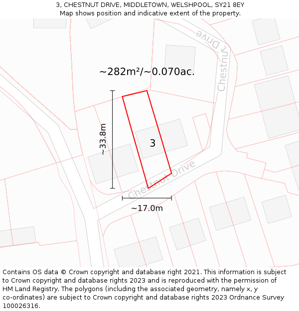 3, CHESTNUT DRIVE, MIDDLETOWN, WELSHPOOL, SY21 8EY: Plot and title map