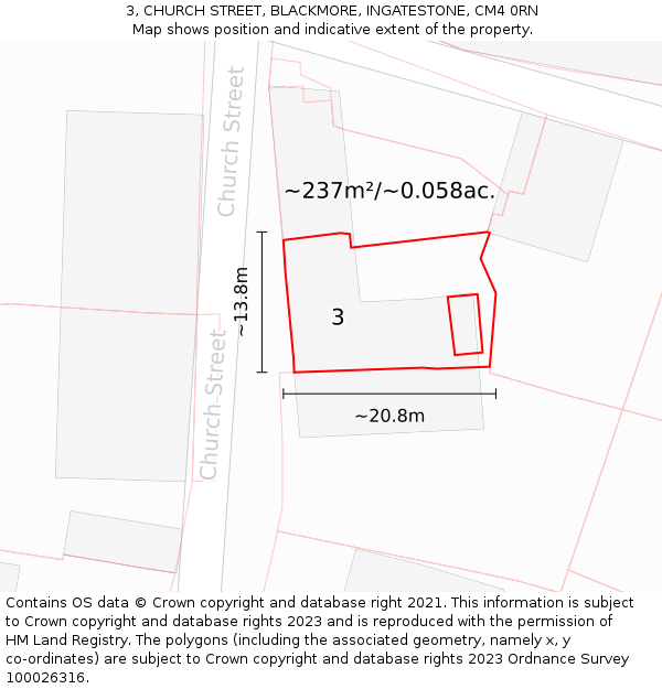 3, CHURCH STREET, BLACKMORE, INGATESTONE, CM4 0RN: Plot and title map