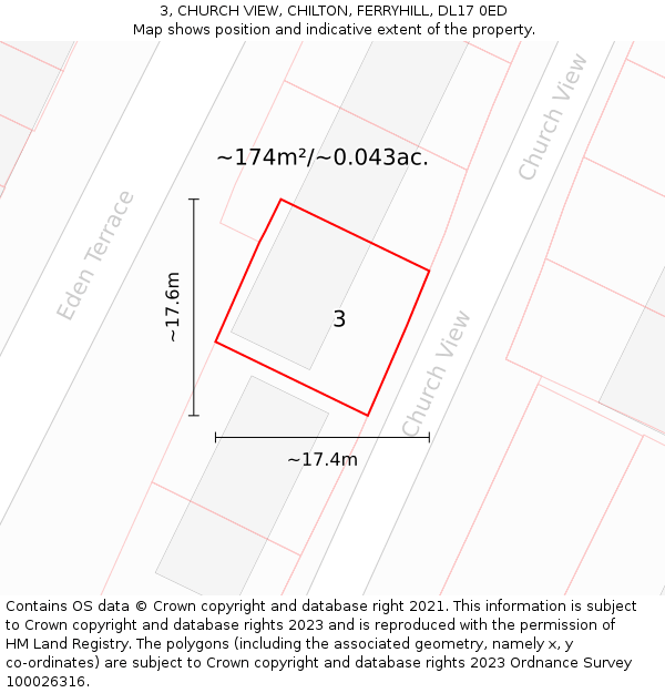 3, CHURCH VIEW, CHILTON, FERRYHILL, DL17 0ED: Plot and title map