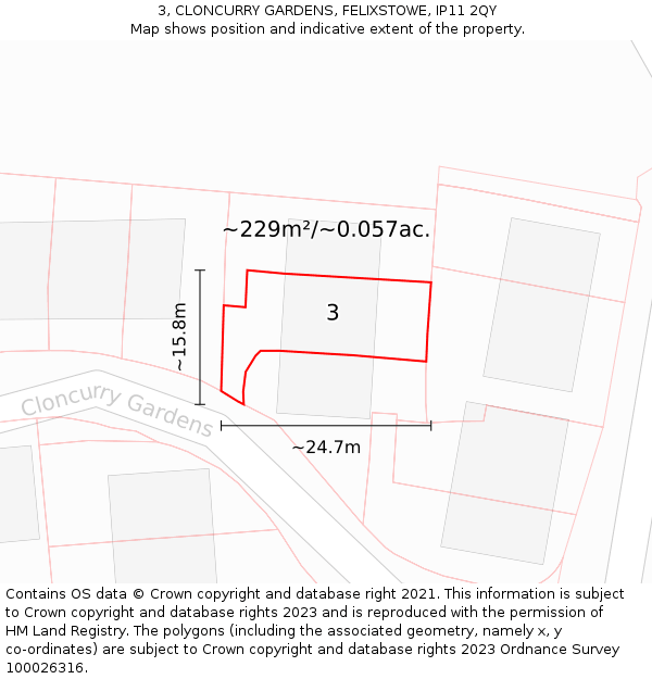 3, CLONCURRY GARDENS, FELIXSTOWE, IP11 2QY: Plot and title map