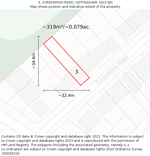 3, CORONATION ROAD, NOTTINGHAM, NG3 5JN: Plot and title map