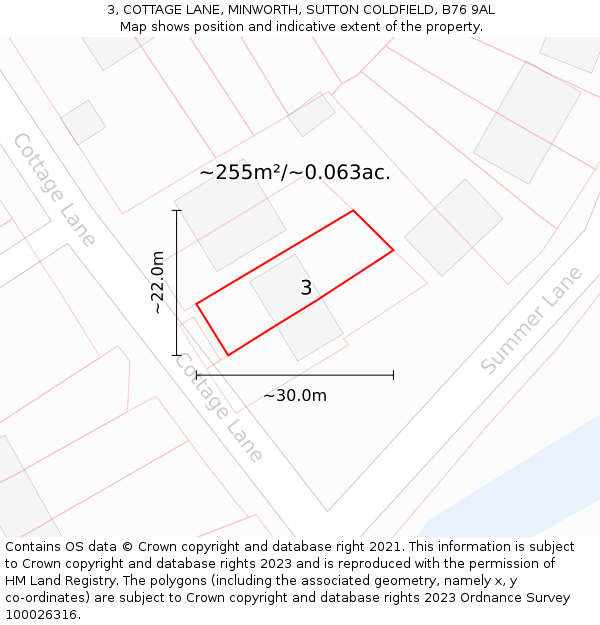 3, COTTAGE LANE, MINWORTH, SUTTON COLDFIELD, B76 9AL: Plot and title map