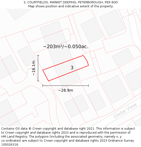 3, COURTFIELDS, MARKET DEEPING, PETERBOROUGH, PE6 8GD: Plot and title map