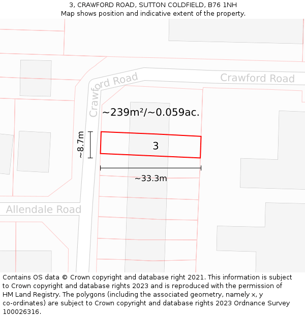 3, CRAWFORD ROAD, SUTTON COLDFIELD, B76 1NH: Plot and title map