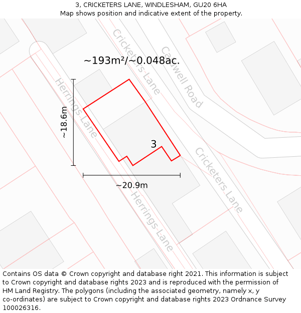 3, CRICKETERS LANE, WINDLESHAM, GU20 6HA: Plot and title map