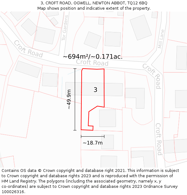 3, CROFT ROAD, OGWELL, NEWTON ABBOT, TQ12 6BQ: Plot and title map