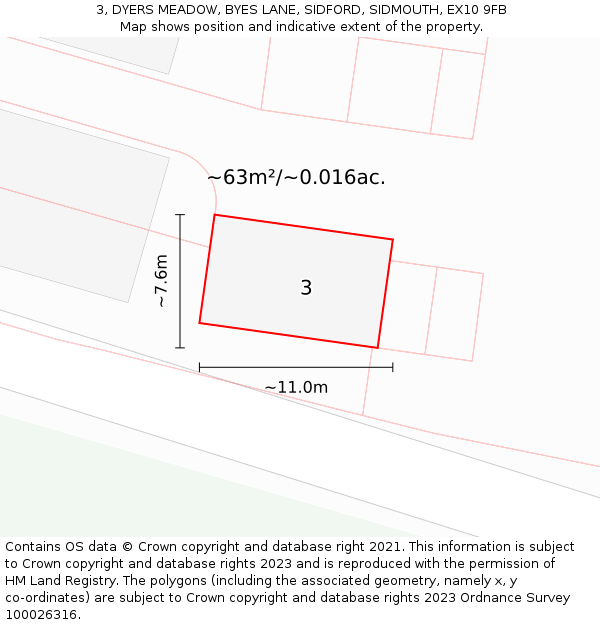 3, DYERS MEADOW, BYES LANE, SIDFORD, SIDMOUTH, EX10 9FB: Plot and title map