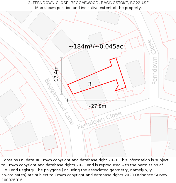 3, FERNDOWN CLOSE, BEGGARWOOD, BASINGSTOKE, RG22 4SE: Plot and title map