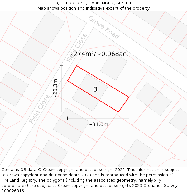 3, FIELD CLOSE, HARPENDEN, AL5 1EP: Plot and title map