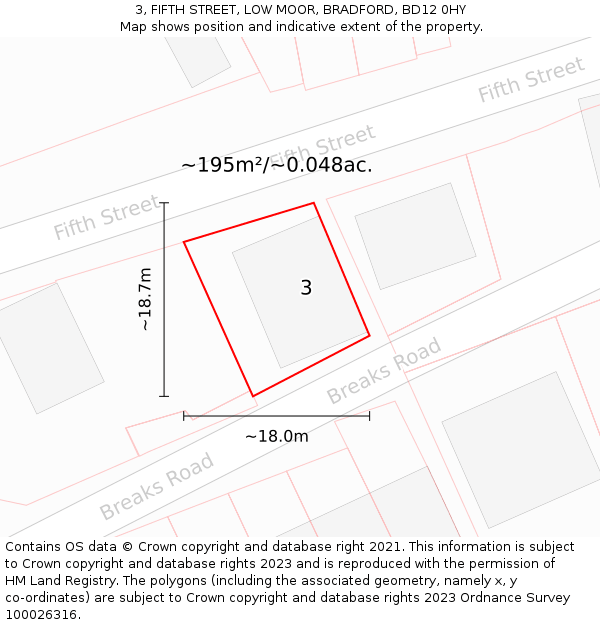 3, FIFTH STREET, LOW MOOR, BRADFORD, BD12 0HY: Plot and title map