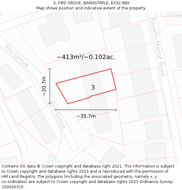 3, FIRS GROVE, BARNSTAPLE, EX32 8BX: Plot and title map