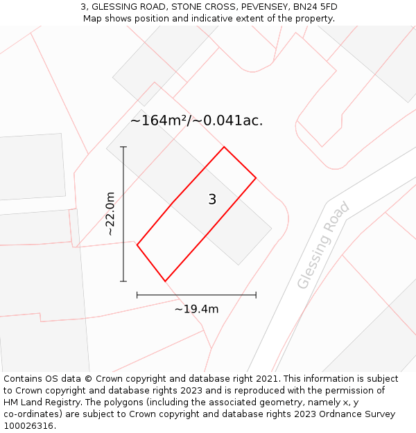 3, GLESSING ROAD, STONE CROSS, PEVENSEY, BN24 5FD: Plot and title map