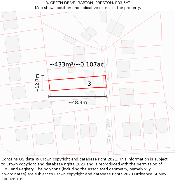 3, GREEN DRIVE, BARTON, PRESTON, PR3 5AT: Plot and title map