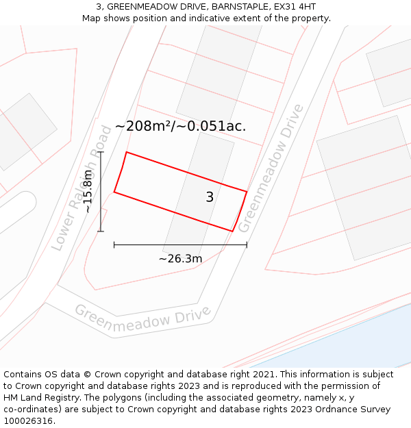 3, GREENMEADOW DRIVE, BARNSTAPLE, EX31 4HT: Plot and title map