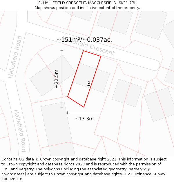 3, HALLEFIELD CRESCENT, MACCLESFIELD, SK11 7BL: Plot and title map