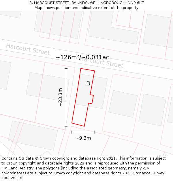 3, HARCOURT STREET, RAUNDS, WELLINGBOROUGH, NN9 6LZ: Plot and title map